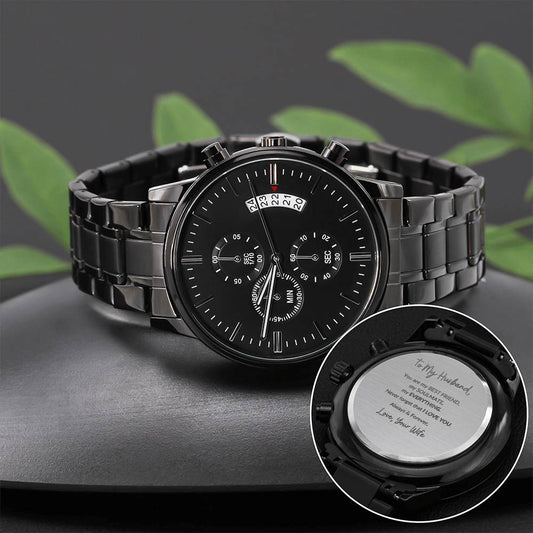 Engraved Design Black Chronograph Watch for your husband